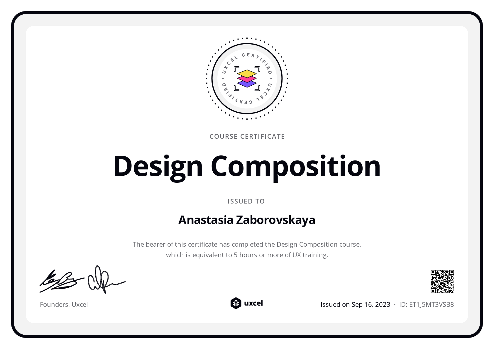 Anastasia Zaborovskaya's certificate